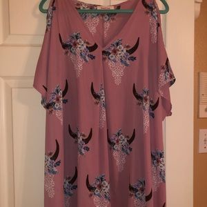 Peach Love Pink Floral Bull Skull Medium Mini Cold Shoulder Above Knee Dress